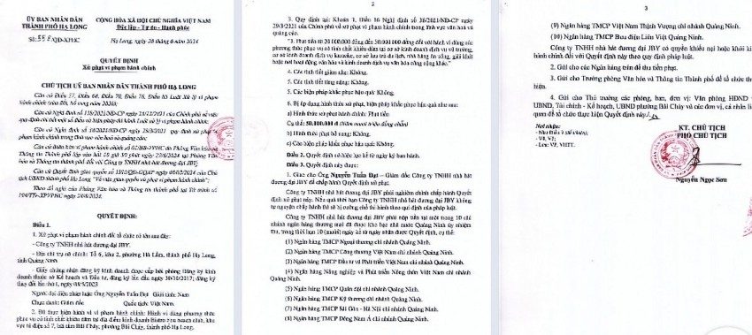 Quyết định xử phạt của UBND TP Hạ Long đối với Công ty TNHH nhà hát Đương Đại JBY.